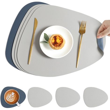 4 teiliges Set aus Platzsets und Untersetzern, doppelseitig, rutschfest und wasserdicht, abwaschbar, aus Leder, dunkelbraun und cremeweiß (4 Plat (1/5)