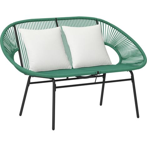 Banquette banc de jardin 2 places en acier et cordage en résine avec 2 coussins - dim. 132L x 72l x 83H cm - vert foncé