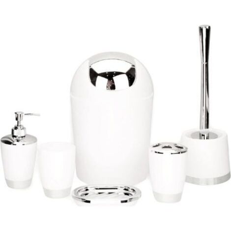 ALLIANDISUn ensemble de 6 accessoires de salle de bain comprend un distributeur de savon, une brosse de toilette et un porte-brosse de toilette blanc. (1/4)