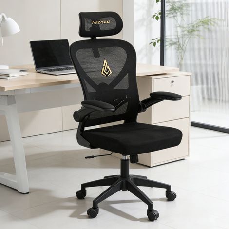 ANDYOU Chaise de bureau en fausse fourrure et maille avec fonction bascule pivotante Noir