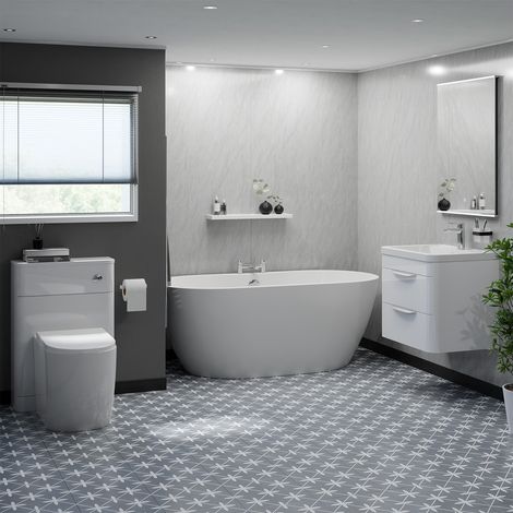 Harlow Gloss White 600mm Vanity and 1650mm Double Ended Freestanding Bathroom Suite with WC Unit (1/5)