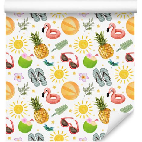 Carta da parati estiva bianca, crema e corallo per soggiorno e camera da letto 50x1000 cm (1/5)