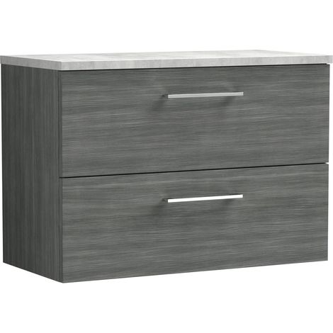 Balterley Bramshall 800mm Wall Hung 2 Drawer Vanity Unit with Laminate Worktop for Modern Bathroom Storage - Anthracite Woodgrain