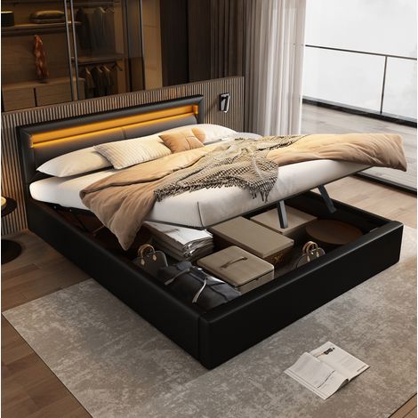 Letto contenitore 140x190 cm con testiera illuminata a LED e rete a doghe, in similpelle, nero, senza materasso (1/5)