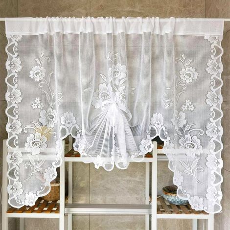 Rideau Voilant Brodé - Motif Floral - Style Princesse - Décor pour Fenêtre Demi-Hauteur - Cuisine Salle de Bain - 150 x 100 cm ou 180 x 100 cm (1/5)