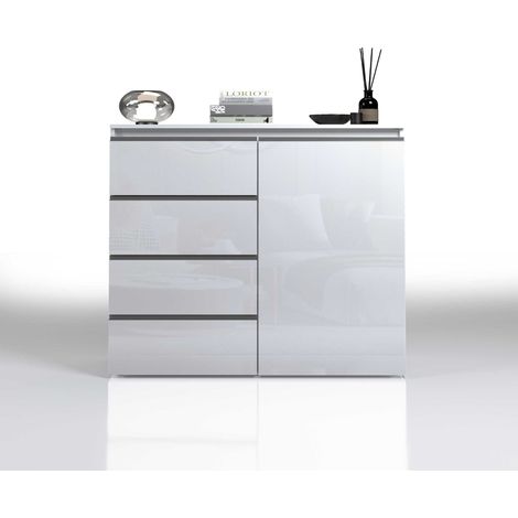 WHOUS - Credenza MAGIC per Soggiorno 120x40x105 cm - Cassettiera 1 Anta e 4 Cassetti - Credenza in Legno Riciclato Facile da Montare - Comò Camera da Letto Bianco Lucido (1/5)
