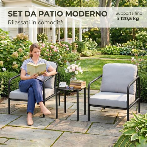 Set de Jardin 3 Pièces - Table Ronde Verre Trempé Noir + 2 Chaises Acier à Coussin Dense (1/5)
