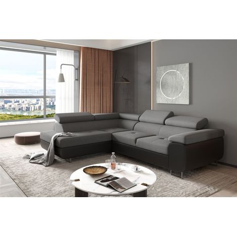 Ecksofa Sofa JADE Stoff Soft / Sawana Schwarz-Grau mit Schlaffunktion Ottomane Links (1/2)