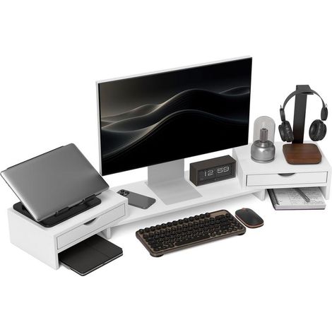 Support écran blanc réglable en angle et longueur avec 2 tiroirs, pour portable, 60-116 cm, bureau organisé