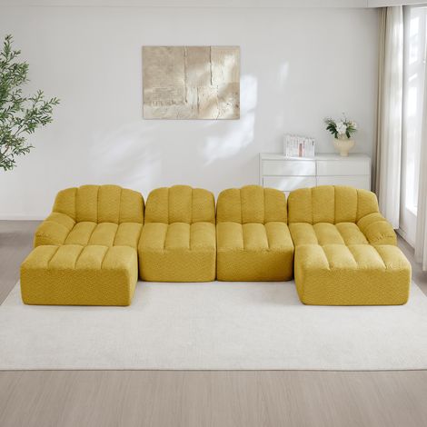 Modulares U-Sofa 366x165x79 cm Gelb Granulierter Fleece mit Ottomane und tiefer Sitzfläche (1/5)
