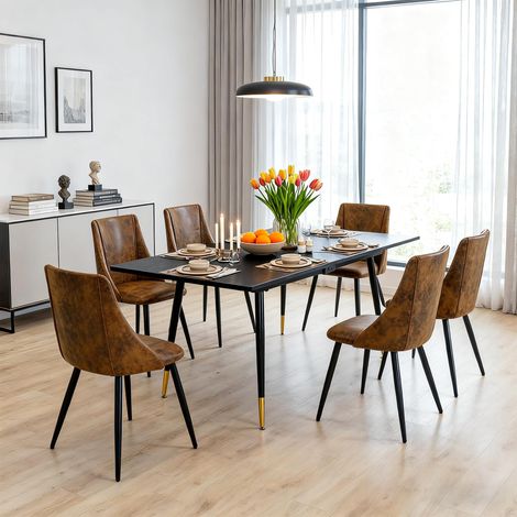 Meuble Cosy Ensemble Table à Manger Extensible avec 6 Chaises en Suédine, Style Industriel, Design Élégant et Confortable, Noir + Or + Marron (1/4)