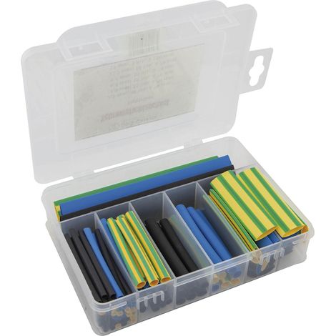 Sortimentsbox Schrumpfschlauch schwarz, blau, gelb/grün (1/2)