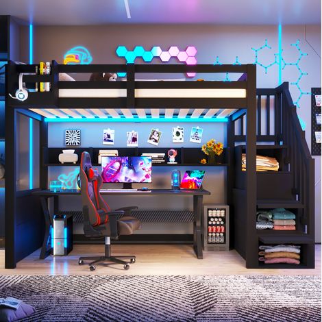 Cama alta 90/200 cm negra con escalera de almacenaje, armario integrado y LED (1/5)