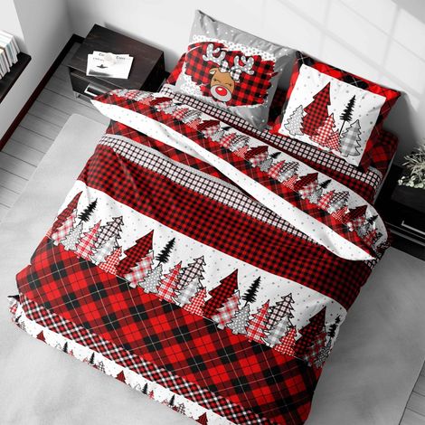 Copripiumino in Puro Cotone con Stampa Renna, Motivo Scozzese Rosso e Nero, Made in Italy Cm. 155X200