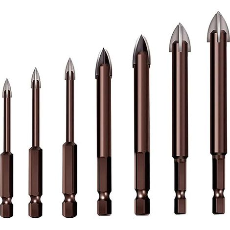 7-teiliges Spiralbohrer-Set, Metallbohrer, Kreuz-Sechskant-Fliesenbohrer, Hartmetall-Steinbohrer, für Keramikfliesen, Beton, Ziegelwände, Glas (3, 4, 5, 6, 8, 10, 12 mm) (1/5)