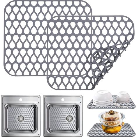 (Gris, 30 x 35 cm) Lot de 2 tapis d'évier de cuisine en silicone, tapis d'évier pliables résistants à la chaleur, accessoires de tapis de cuisine (1/5)