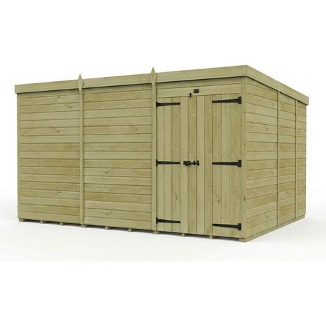 12ft x 9ft Pent Garden Shed Double Door No Windows - Pressure Treated Timber - L366 x W274 x H210 cm - Natural