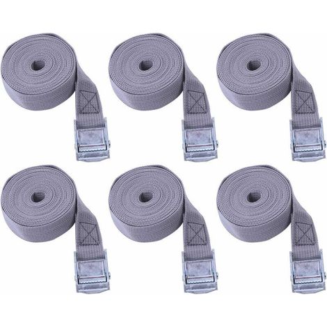 Sangle a cliquet Lot de 6, Sangle Bagage polypropylène, Sangles d'arrimage, Utilisé pour Voiture, Moto, Kayak, reglable, Frottement résistant à l'usure, Pas Facile à corroder (Gris, 25mmX2m)