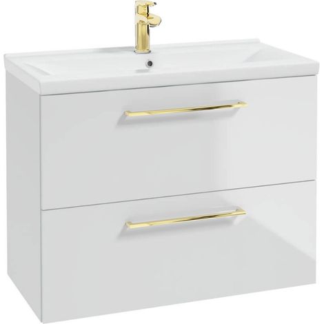 STAMAR  Badezimmermöbel Set - 80x40 cm - Weiß Hochglanz - 2 Schubladen - mit goldenen Griffen
