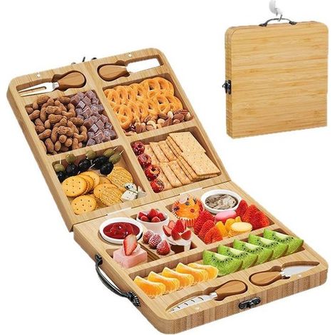 Plateau à fromage - Planche à apéritif - Plateau à fromage pliable - Plat de service - Planche de service en bois - Avec couteau à fromage et bol - Service de table - Assiettes plates - Couleur bois - (1/5)
