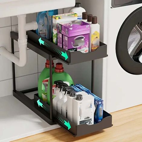 Organisateur de tiroirs à double couche noir métal plastique, design antidérapant, coulissement stable, idéal rangement cuisine salle de bain (1/5)