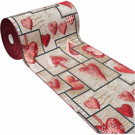 Tapis de Cuisine Tissu Gobelin Coureur Lavable Antidérapant Shabby Chic Coeurs Bordeaux - 54x40 cm (1/5)