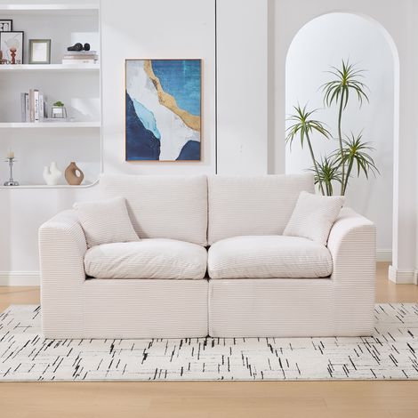 Canapé 2 places beige moderne,Velours côtelé doux et confortable,Avec coussins,Style nordique,Dimensions 204 x 102,5 x 84 cm