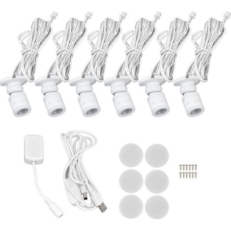 Lot 6 LED sous armoire 1W – USB – lampe vitrine – cave à vin / exposition – lumière blanche – traînée (1/5)