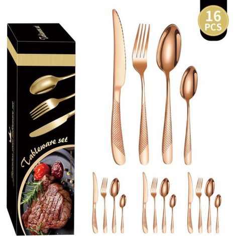Coffret cadeau de 16 couverts en acier inoxydable pour la cuisine occidentale - Or rose 1 (1/2)