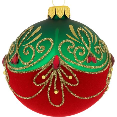 Pallina per albero di Natale verde con uno strato di velluto rosso impreziosito da decorazioni dorate da 10 cm (1/4)