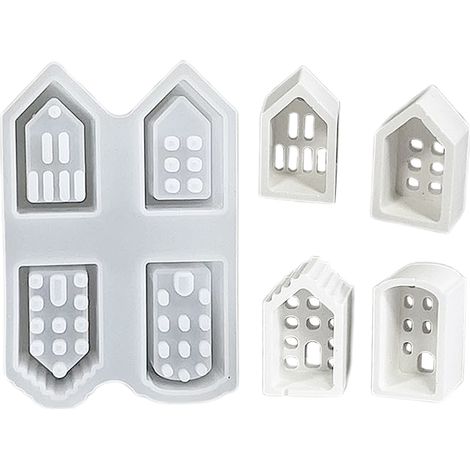 Moule silicone maison européenne mini - habitat ambiance lumineuse - plâtre résine epoxy (4 pièces) (1/2)