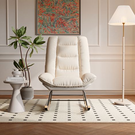 Fauteuil à bascule en tissu technique – Dossier réglable 5 positions – Fixation Velcro – Style moderne – 90x63x70cm – Idéal pour salon et balcon – Beige (1/5)
