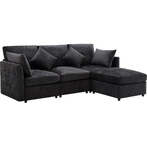 Canapé d’angle modulable 3 à 4 places avec ottoman mobile, 4 coussins et assise profonde 216 x 161 x 81 cm, tissu gris – CHICFURN (1/5)