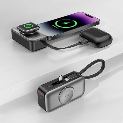Batterie externe 3-en-1 de 5000 mAh à charge rapide avec charge sans fil magnétique, compatible avec les montres, les écouteurs et les téléphones portables.