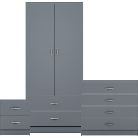 Riano 3 Piece Bedroom Set (2 Drw Bedside Chest, 4 Drw Chest, 2 Dr 2 Drw Wardrobe), Grey (1/3)