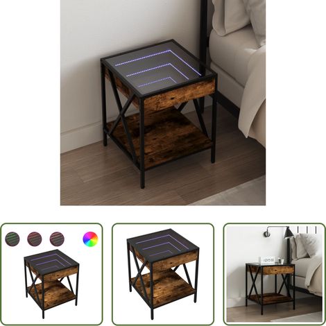 Miroir LED - Table de chevet avec LED infini chêne fumé 40x40x49 cm (1/5)