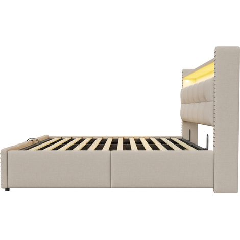 Cama abatible acolchada 180x200 cm con LED, USB y cabecero con estantes beige MODENUIT (1/5)