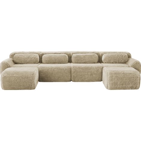 Sofá Modular 4 Plazas en Tela Aterciopelada con 2 Taburetes, Base Antideslizante, Asiento Amplio y 4 Cojines, Caqui Claro (1/5)