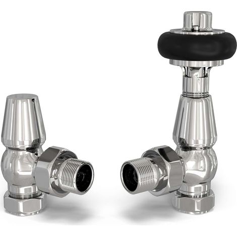 Signature Wooden Head - Chrome Thermostatic Radiator Valve & Lockshield Angled 10mm