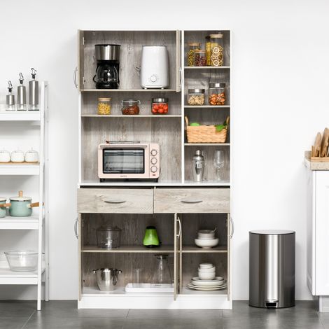 Buffet de cuisine, portes de tiroirs et compartiments ouverts, 100 cm (L) x 39 cm (P) x 181,5 cm (H), blanc et bois (1/5)