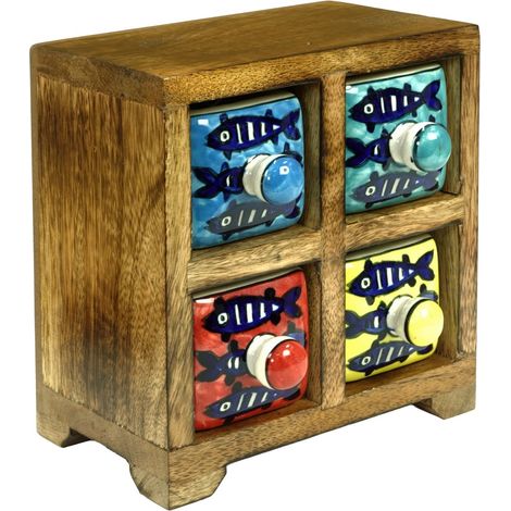 Porta spezie colorato e pratico con 4 cassetti, realizzato in legno e ceramica