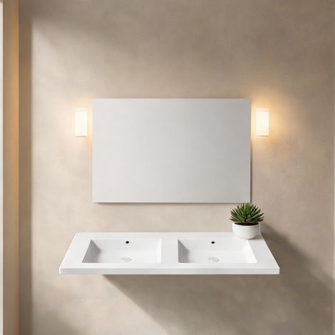 Vasque double en résine blanc mat avec plan de toilette intégré (1/5)