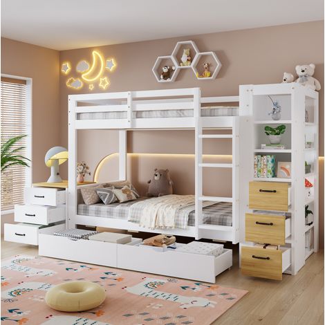 Etagenbett 90/200 cm in legno bianco e naturale con 2 cassetti, scaffale laterale e comodino (1/5)