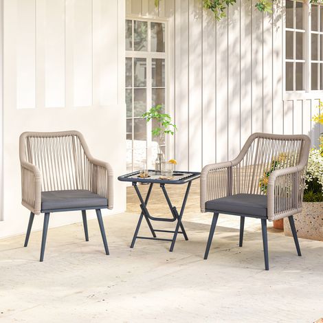 2er-Set Gartenstühle mit Kissen und Armlehnen, aus Stahl und PE-Rattan, 54 x 65 x 80 cm, Dunkelgrau