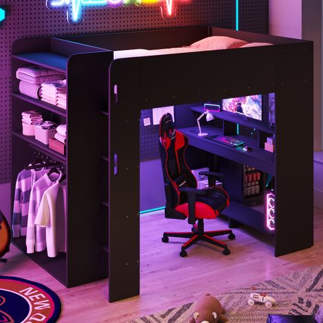 Lit mezzanine gaming en bois 140x200cm avec bureau, armoire, espace de rangement à plusieurs niveaux, éclairage LED, port de chargement USB, noir. (1/5)