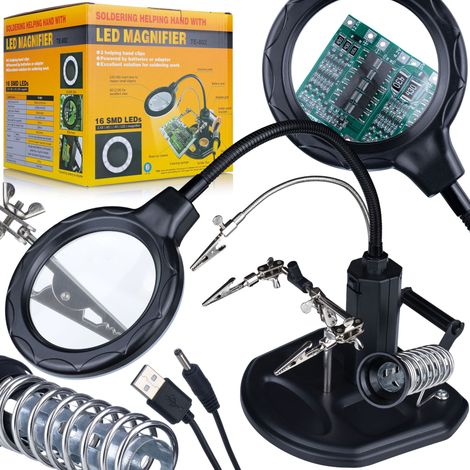 Tercera Mano TE-802 con Lupa LED 2,5x/4x – Soporte Para Soldador 16 LED SMD, Ø85/Ø21 mm, Alimentación USB/AA, Precisión (1/5)
