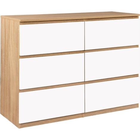 Idmarket – Commode enfant 6 tiroirs 110 cm – Bois façon hêtre et blanc – Largeur 40 cm – Hauteur 80 cm – Tiroirs coulissants avec poignées intégrées