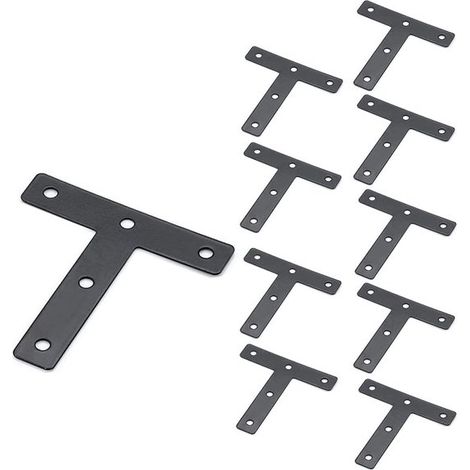 Juego de 10 placas de esquina en forma de T de 80 x 80 mm de metal negro con ángulo recto para reparar muebles，estantes de madera (1/5)
