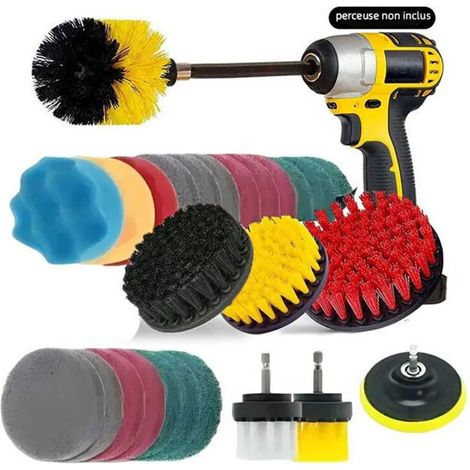 Kit de 27PCS Brosse Perceuse,Broches Nettoyage Rotative Voiture Brosse Visseuse pour Voiture/Jantes/Baignoire/Carrelage/Cuisine