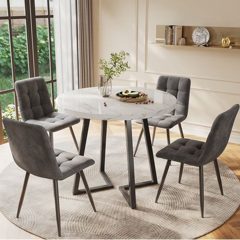 FLORAGRACE Ensemble table à manger ronde 5 pièces 80 x 80 x 75 cm, table de cuisine moderne avec 4 chaises en velours gris, plateau MDF blanc, pieds métal noirs (1/5)